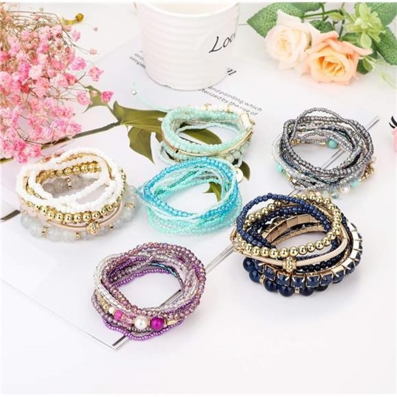 6 Sets Bohemian Stackable Bead Bracelets for Women Stretch Boho Style Bracelet - Picture 7 of 7